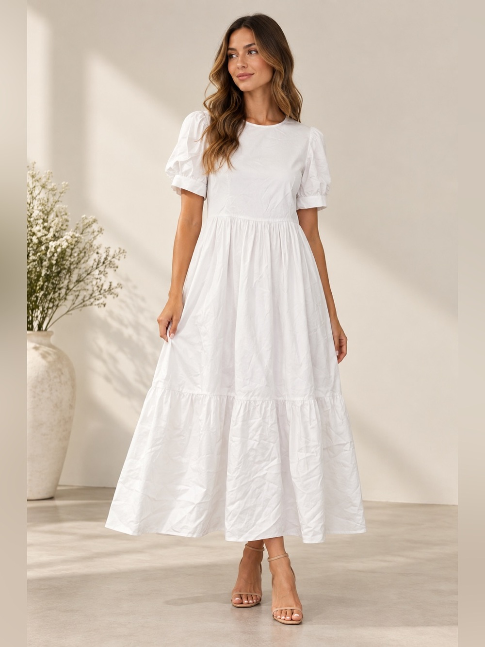 New Look White Puff Sleeve Tiered Maxi Dress US 4